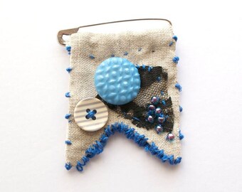 Blue Jazz  // One-of-a-kind hand-stitched mixed media brooch / cobalt blue tiffany black lace beaded taupe linen / textile art jewelry pin