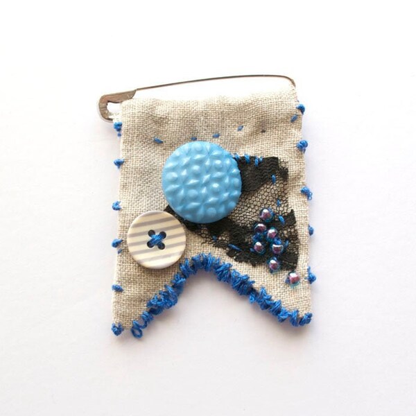 Blue Jazz  // One-of-a-kind hand-stitched mixed media brooch / cobalt blue tiffany black lace beaded taupe linen / textile art jewelry pin