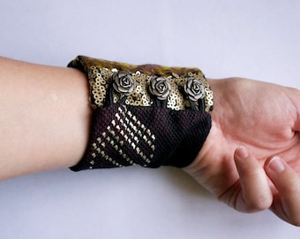 The Season of Ruby - Bohemian Cloth Cuff Bracelet - Tribal Jewelry - Assiuit Red Sari Rose Buttons - Handmade in Kansas, USA - Moth & Rust