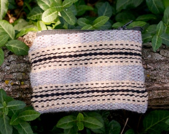 The Mountaineer - gray, beige, black handwoven pouch - classic neutrals - lined, zipper Coin Pouch - handspun yarn - Handmade in USA