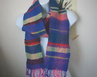 Winter Bouquet - Handwoven Wool Scarf - One of a kind Woven Striped Plaid Blue Purple Pink Green Red- Handmade in USA - Women / Adult