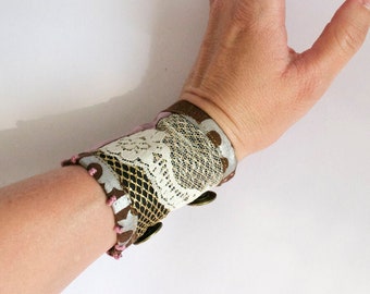 Tribal Print/Boho Lace/Gold Mesh Textile Cuff Bracelet - Cloth Art Jewelry bohemian Wrist Cuff hand stitched tribal bellydance brass buttons