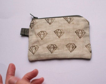 Rough Diamonds // Hand Printed Linen Zipper Pouch - Lined Zip Coin Purse - lino block print textile - brown oatmeal one of a kind OOAK