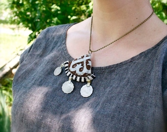 The Scribe - ooak Handstitched textile necklace - Art Jewelry - Kuchi coins gypsy bohemian - brown silver triangle - Handmade in USA