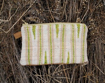 Call of the Wild Hearts - Handwoven and Lined Zipper Coin Pouch - Handspun Wool Linen Silk Striped - Handmade in Kansas, USA - heirloom