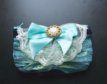 Mermaid's Cache - Teal Aqua Bow and Lace Clutch Purse with Vintage Button, lined, zipper, sparkly kawaii sea fairy - Handmade in Kansas, USA