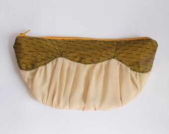 Gwen // Ruched Chiffon and Black Dot Tulle  Zipper Pouch - lined purse bag / beige black neutral - ready to ship - Handmade in Kansas