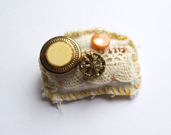 Cozy Recollections  Pin // One-of-a-kind handstitched textile/mixed-media brooch // vintage buttons, linen, cream and gold with cotton lace