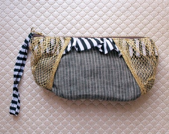 Night Circus // one of a kind wristlet - lined zipper pouch - linen gold black white - pinstripe - mori girl carnival - Handmade in USA