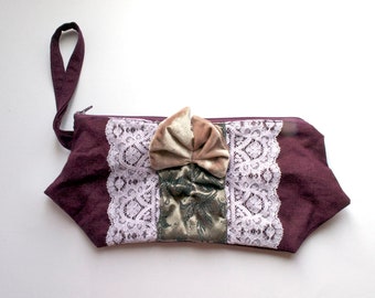 Plum Queen Linen and Lace Wristlet Clutch Purse  // one of a kind lined zipper pouch w/ wrist strap - deep purple ruffled - Handmade in USA