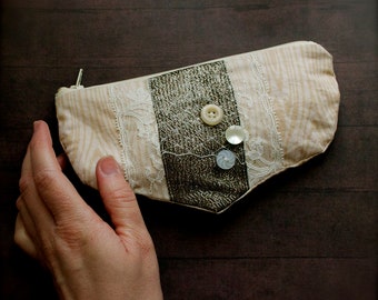 Faux Bois Bridal - one of a kind zip pouch - cotton lined zipper - ready to ship - sandy cream netting buttons -  Handmade in Kansas, USA