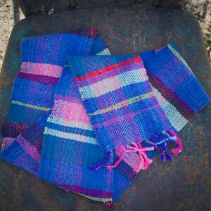 Winter Bouquet - Handwoven Wool Scarf - One of a kind Woven Striped Plaid Blue Purple Pink Green Red- Handmade in USA - Women / Adult