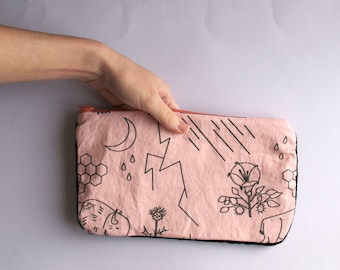 Prairieglyphics in Peach and Black - Original Fabric black velvet cotton lined zipper pouch - zip clutch artists tool bag - ready to ship