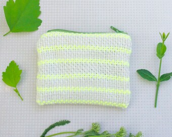 Handwoven Rustic Zipper Pouch - Electric Dandelion - cream and fluorescent yellow - Lined Zip Coin Purse - repurposed lining - Woven Striped