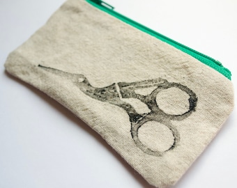 Stork Scissors Block Printed Rustic Cotton Zipper Pouch - Lined Zip Coin Purse - textile art - brown beige lined with green folk print ooak