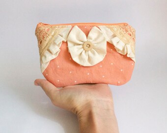 Peaches & Cream - Sweet OOAK Zipper Pouch - small cotton lined zip bag - peach salmon dots - cream ruffles and bow - Handmade in USA