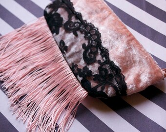 The Pink Flapper - one of a kind zipper fringe pouch - lined - lace velvet - peach pink black - burlesque queen- Handmade in USA