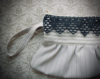 Southern Charm Clutch Wristlet -one of a kind lined zipper pouch - taupe cream black - lace pinstripe pleated purse stripe - Handmade in USA