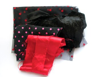 Rockabilly Doll  * DIY Embellishment Kit Scrap Happy Craft Kit * punk costume eco remnant scrapbook black tulle red polka dot fabric textile