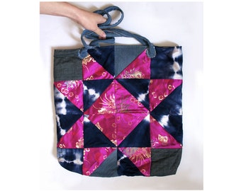 Blue Pink Bombshell - One-of-a-kind Patchwork Tote Bag / Reclaimed Denim & Brocade / Eco-friendly Market Tote Oversized Purse ready to ship