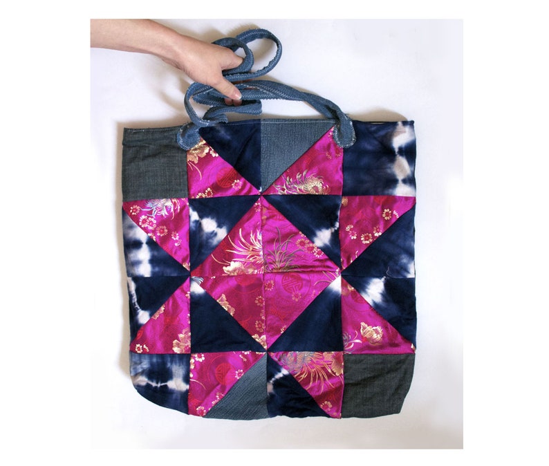 Blue Pink Bombshell One-of-a-kind Patchwork Tote Bag Reclaimed Denim /& Brocade Eco-friendly Market Tote Oversized Purse ready to ship
