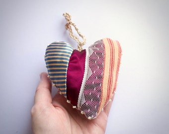 Hand-stitched Heart Holiday Ornament - One-of-a-Kind Christmas Cloth Decoration - Old Fashioned Holiday Grannycore Patchwork Eco-friendly