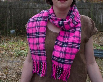 Pink Punk Handwoven Scarf - Hot Pink and Purple Woven Plaid Scarf - Handmade in Kansas, USA - one of a kind weave yarn