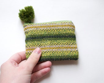 Handwoven Green and Gold Zipper Pouch - green striped weave - small lined coin purse zipper - gift accessory ooak -  Handmade in Kansas, USA