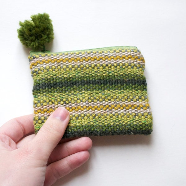 Handwoven Green and Gold Zipper Pouch - green striped weave - small lined coin purse zipper - gift accessory ooak -  Handmade in Kansas, USA