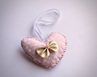 Pink and Gold Bow Hand-stitched Heart Holiday Ornament - One-of-a-Kind Christmas Cloth Decoration - Magenta Sari Cloth, Mauve Velvet, Lace