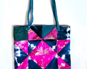Blue Pink Bombshell - One-of-a-kind Patchwork Tote Bag / Reclaimed Denim & Brocade / Eco-friendly Market Tote Oversized Purse ready to ship