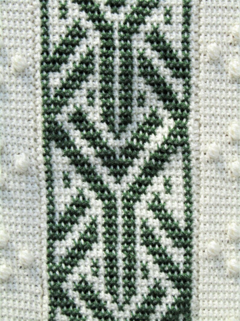 Throw-Size Forest Green and Cream Afghan Stitch Embroidered Blanket; Embroidery and Bobbles Crochet Blanket