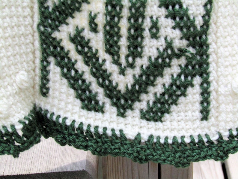 Throw-Size Forest Green and Cream Afghan Stitch Embroidered Blanket; Embroidery and Bobbles Crochet Blanket