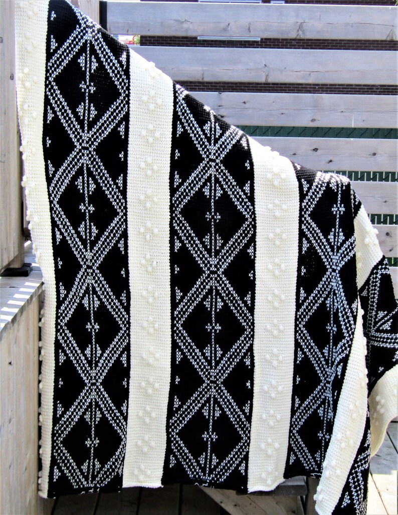 Throwsize Black and Cream Embroidered Afghan Stitch Blanket Etsy