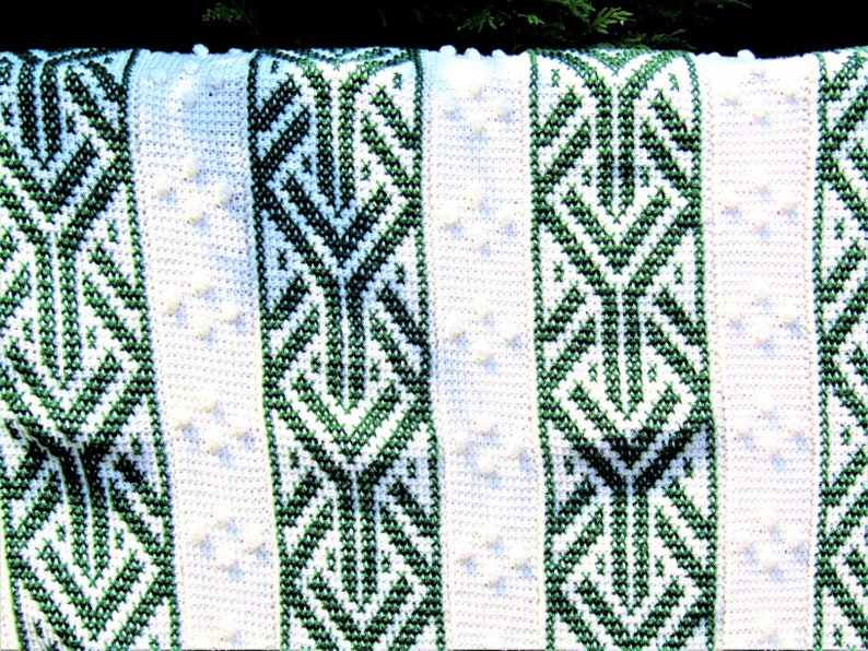 Throw-Size Forest Green and Cream Afghan Stitch Embroidered Blanket; Embroidery and Bobbles Crochet Blanket