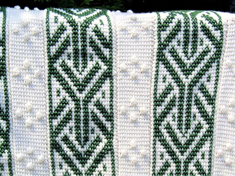 Throw-Size Forest Green and Cream Afghan Stitch Embroidered Blanket; Embroidery and Bobbles Crochet Blanket