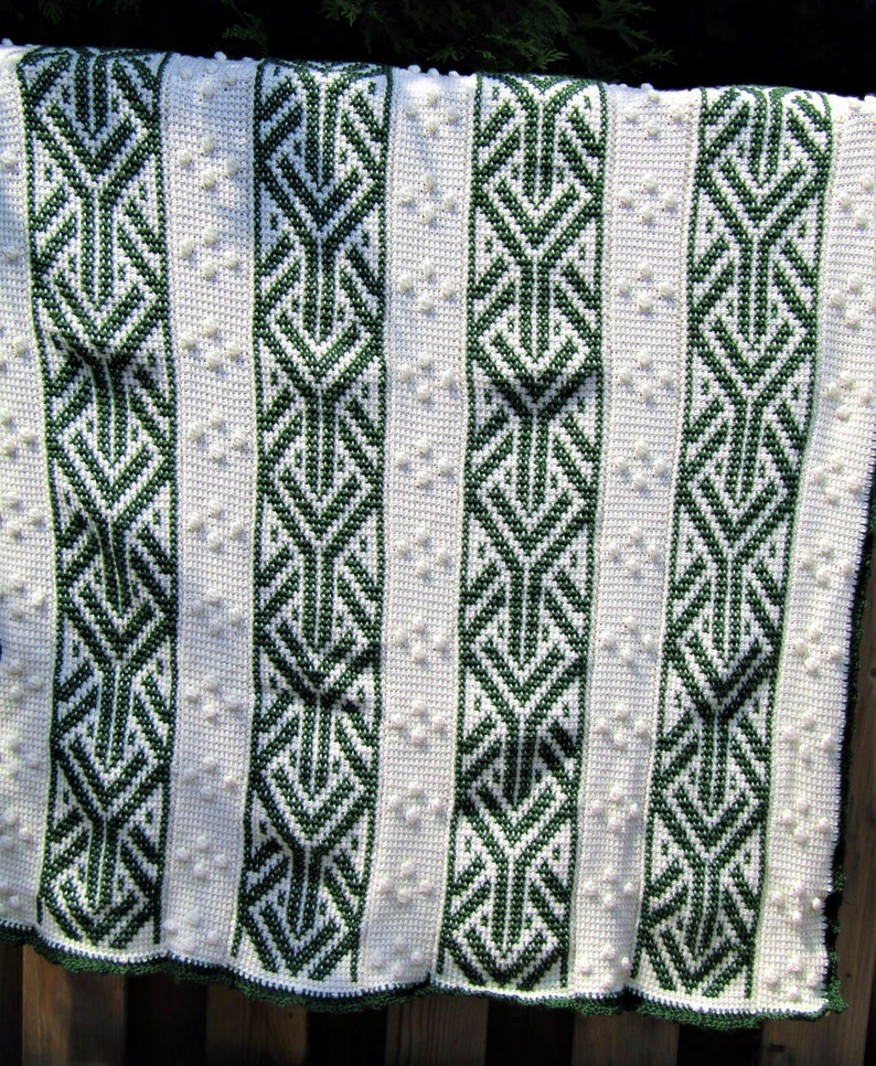 Throw-Size Forest Green and Cream Afghan Stitch Embroidered Blanket; Embroidery and Bobbles Crochet Blanket