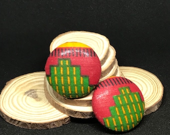 African Tribal Fabric Button Earrings, Ethnic Jewelry