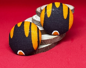 Large African Ankara Wax Fabric Button Earrings in Chocolate and Orange