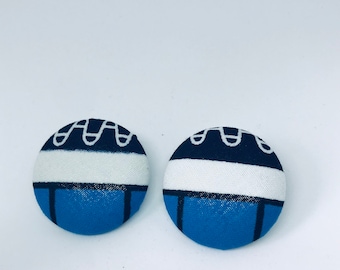 Abstract Blue & White Button Earrings, Silver Tone Posts
