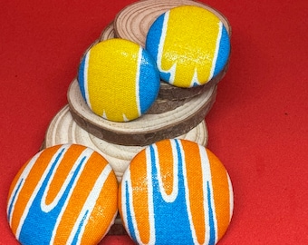 Ankara Wax Fabric Button Earrings - Blue/Orange and Blue/Yellow