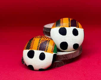 Ankara Wax Fabric Button Earrings - Black/White/Orange and Green Domino Pattern