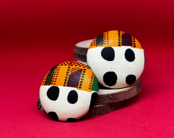 Ankara Wax Fabric Button Earrings - Black/White/Orange and Green Domino Pattern