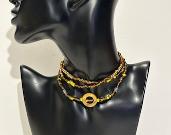 Earth Toned Beaded Necklace or Bracelet - Brown, Gold, Yellow, Clear Beads