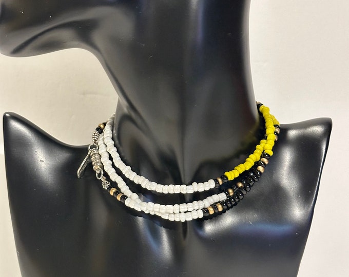 White/Black/Greensish Yellow, Beaded Necklace or Bracelet