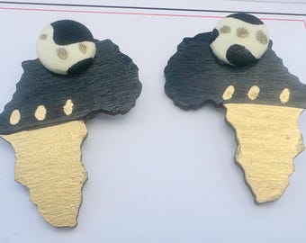 Hand-Painted Africa Stud & Button Earrings | Afrocentric Wooden Jewelry - Black/Gold