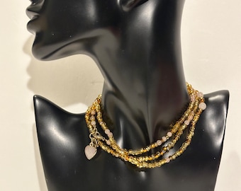 Pink and Earth Toned Beaded Necklace or Bracelet - Brown, Gold, blush Pink Quartz