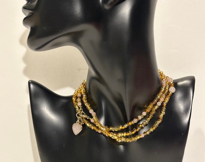 Pink and Earth Toned Beaded Necklace or Bracelet - Brown, Gold, blush Pink Quartz
