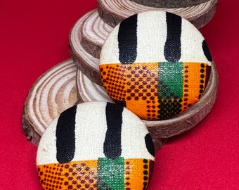 Ankara Wax Fabric Button Earrings - Black/White/Orange and Green Checkered Pattern - Large