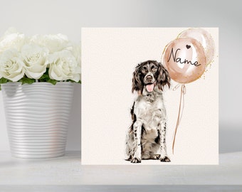 Tarjeta de felicitación/cumpleaños hecha a mano de Springer Spaniel. Adorable Spaniel con la lengua afuera. Se puede personalizar con nombre/ocasión en globo